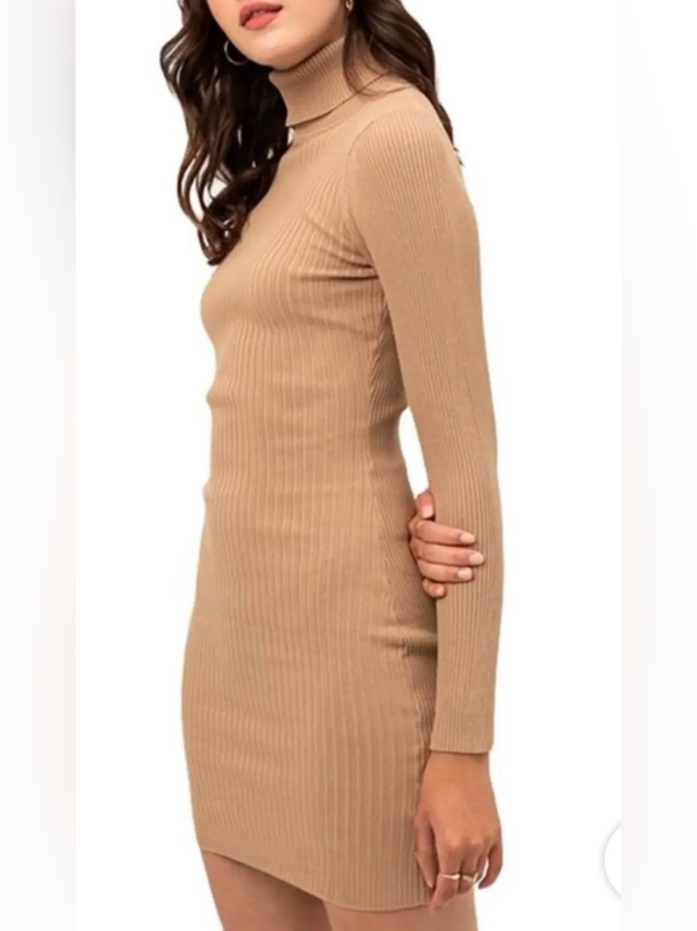 🪞NWT Ribbed Turtleneck Long Sleeve Dress Tan Mini/Midi Size Small🪞